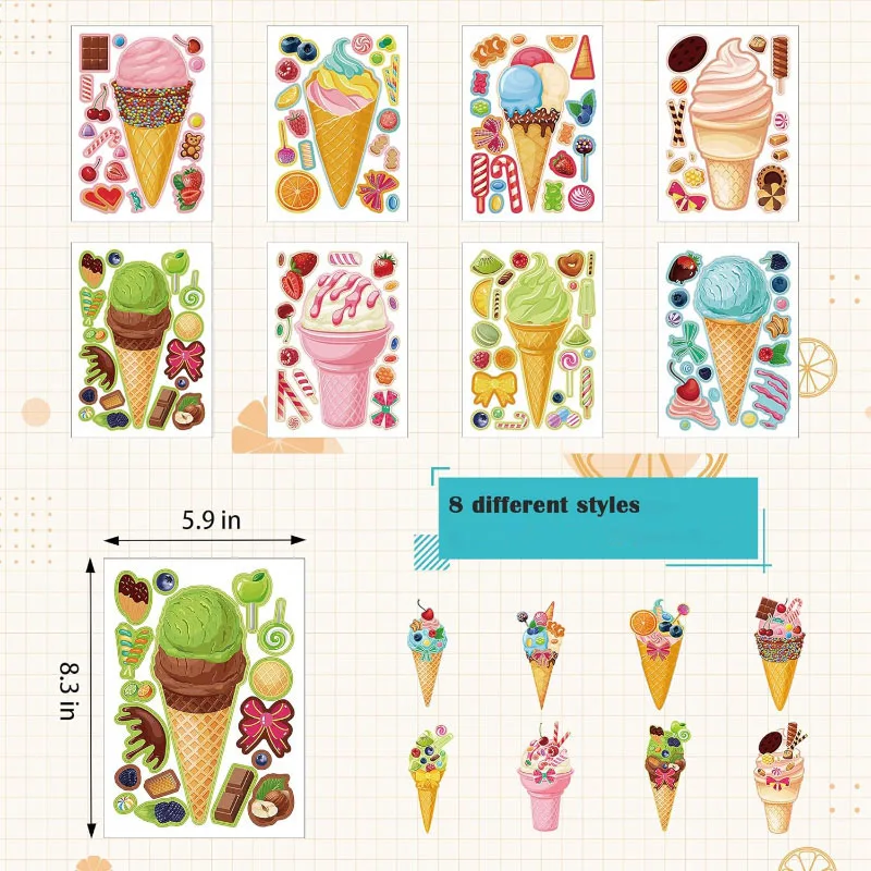 Make an Ice Cream DIY Crafts Puzzle Stickers for Kids Girls Boys Mix and Match Dessert Assemble Stickers Decoration Party Decals