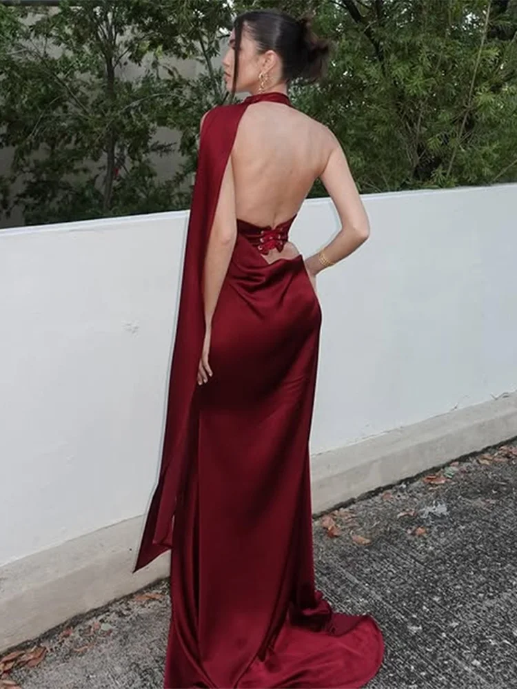 Sexy Burgundy Women's Dress Slim Satin Halter Ribbon Backless Tie Up Sleeveless Maxi Dresses Autumn Evening Party Lady Vestidos
