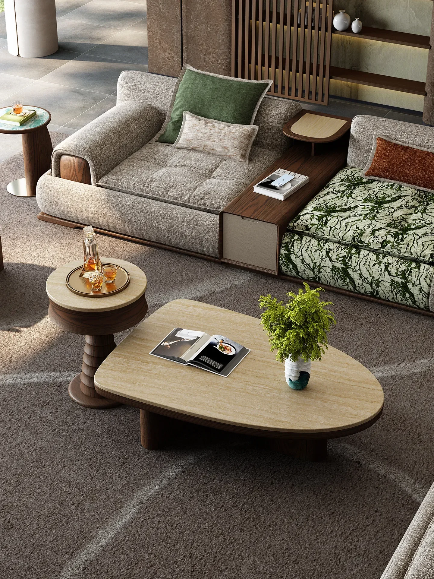 Black Walnut Living Room Household Travertine Rock Slab Coffee Table Special-shaped Solid Wood Tea Table Combinationl17