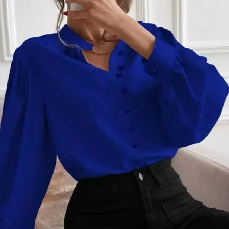 

Single Button Placket Polyester Spring Elegant Pure Color Button up Long Sleeve Shirt Women's Loose Fit Shirt British Style