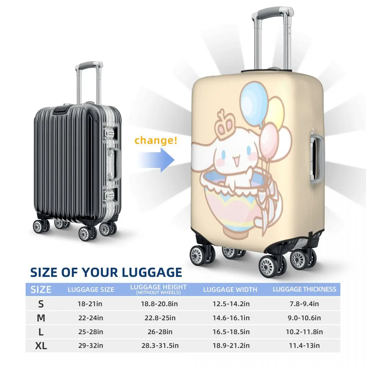Capa protetora de bagagem com balão Cinnamoroll personalizada, capas de mala de viagem da moda para 18-32 polegadas