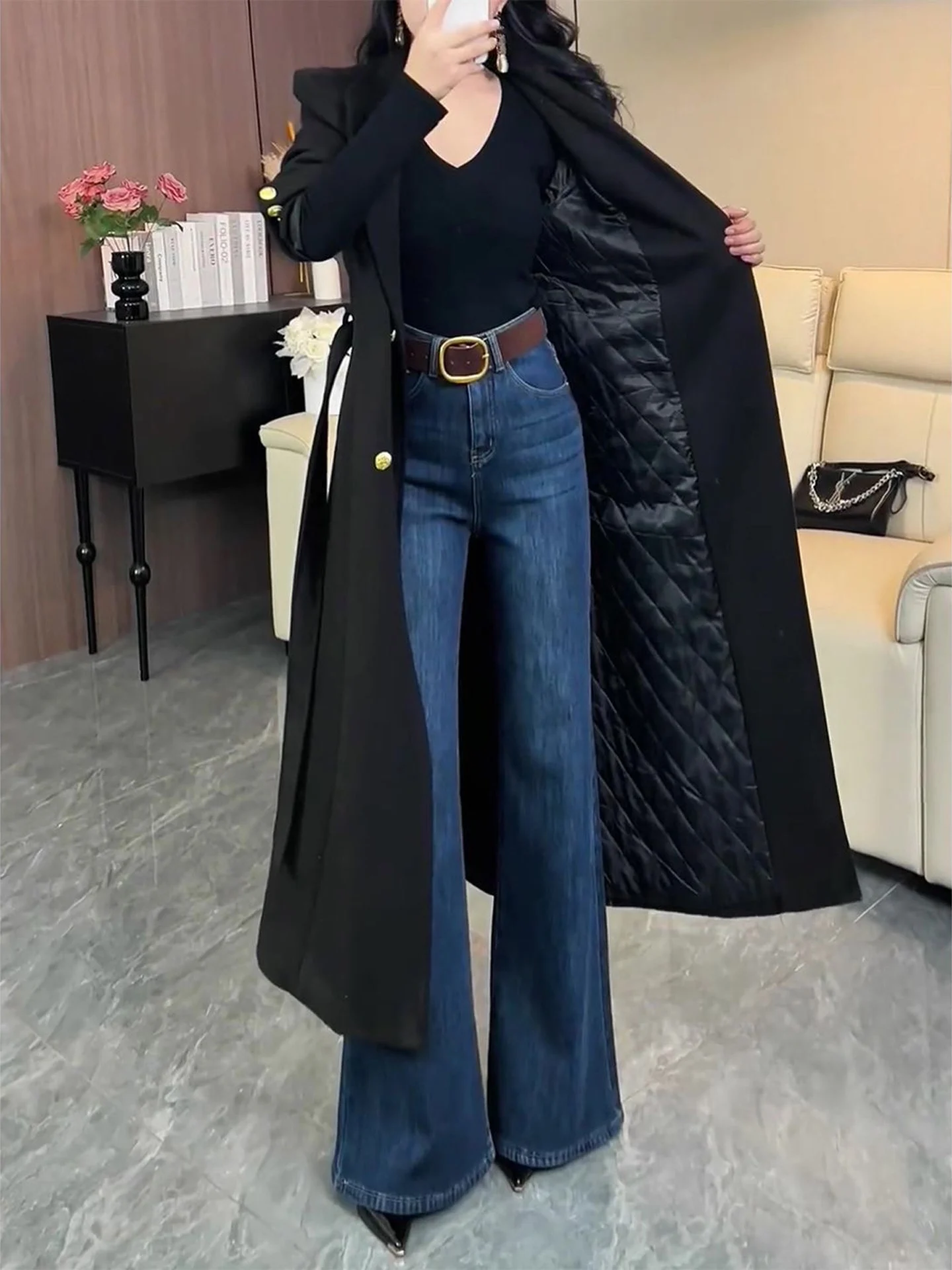 High Waist Bell Bottom Denim Jeans Women's Fall New Style American Style Loose Fit Floor Length Pants Draping Sensation