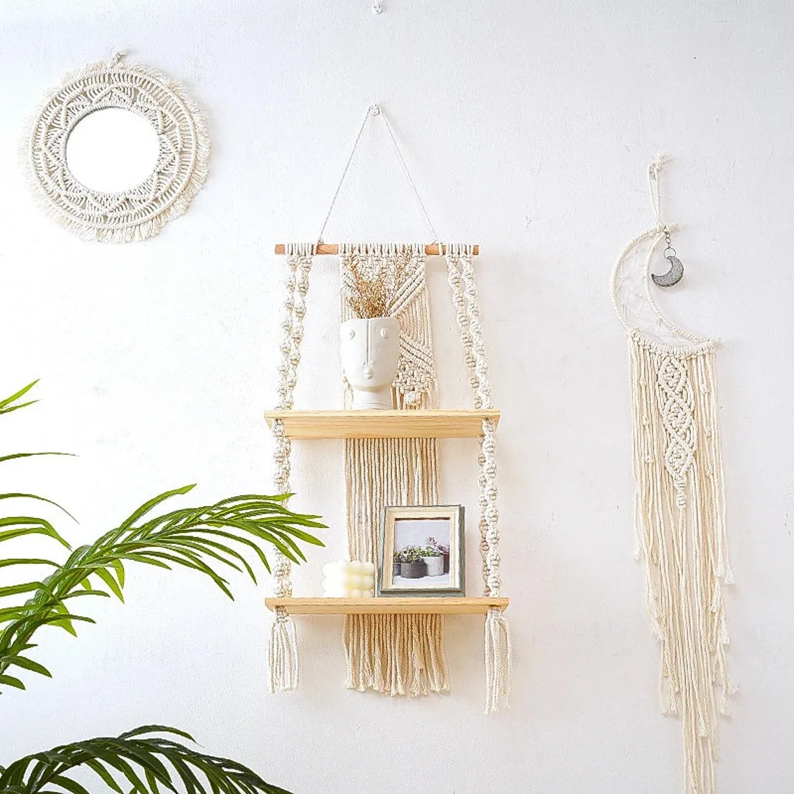 Macrame Wall Hanging Shelf Boho Home Decor Shelves On Wall Wood Decoration for Bedroom Living Room Nursery Christamas Gift