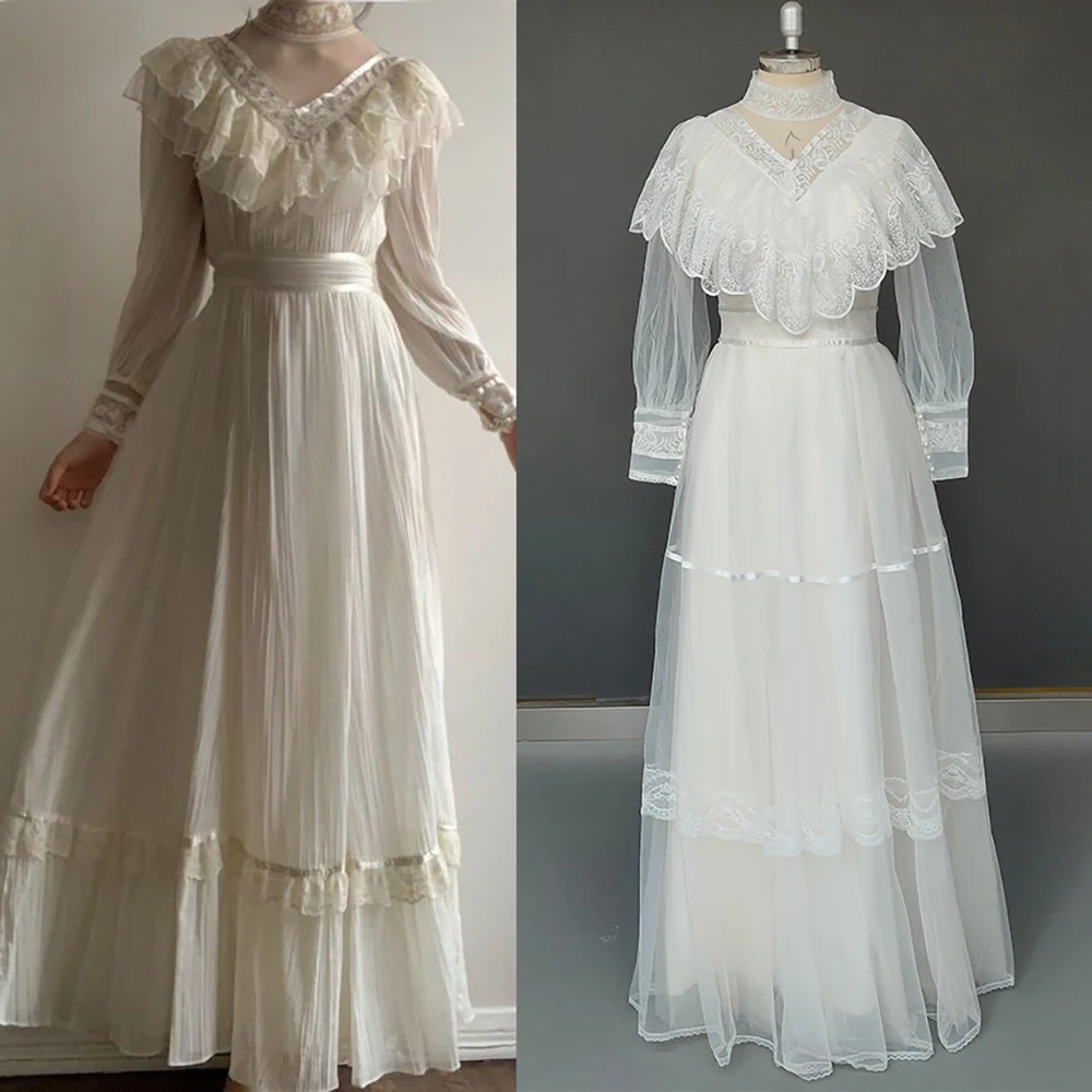 High Neck Long Sheer Sleeves Vintage Wedding Dress Plus Size Retro Victorian A Line Full Length Embroidery Lace Bridal Gown