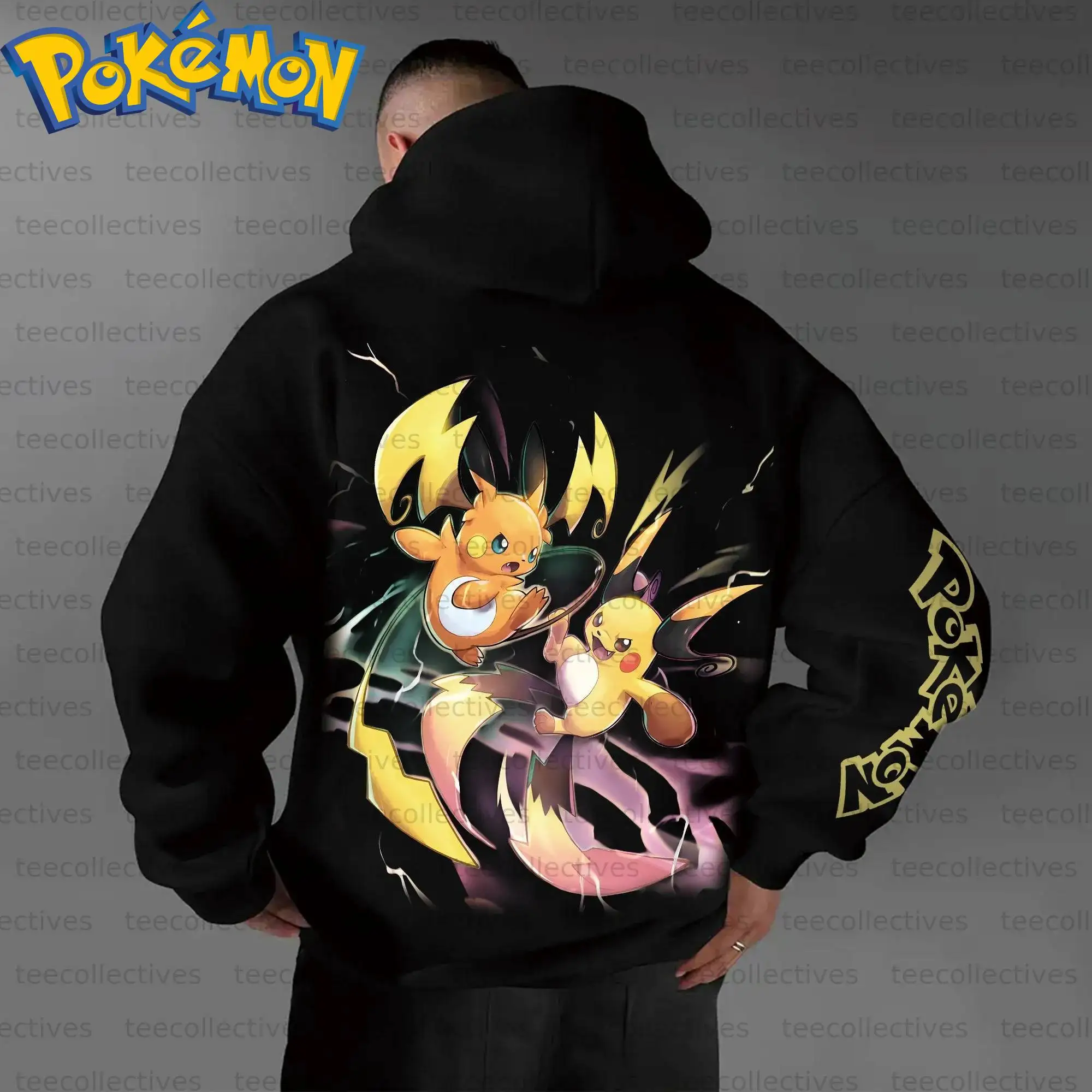 Bluza z kapturem Pokemon Anime Pikachu Raichu, bawełniana, czarna, z nadrukiem postaci i dynamicznym wzorem błyskawic, styl casual streetwear