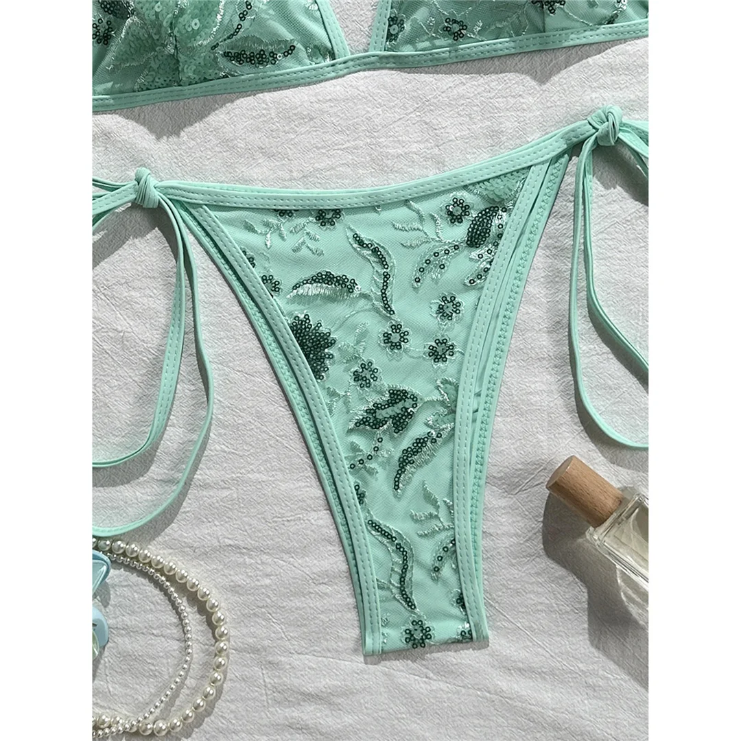 Bedruckter Bikini mit Pailletten, Neckholder-Design, Damen-Badebekleidung, zweiteiliger Bikini, hoher Beinausschnitt, Badeanzug, Badebekleidung, Modell V8237. – Detail 18