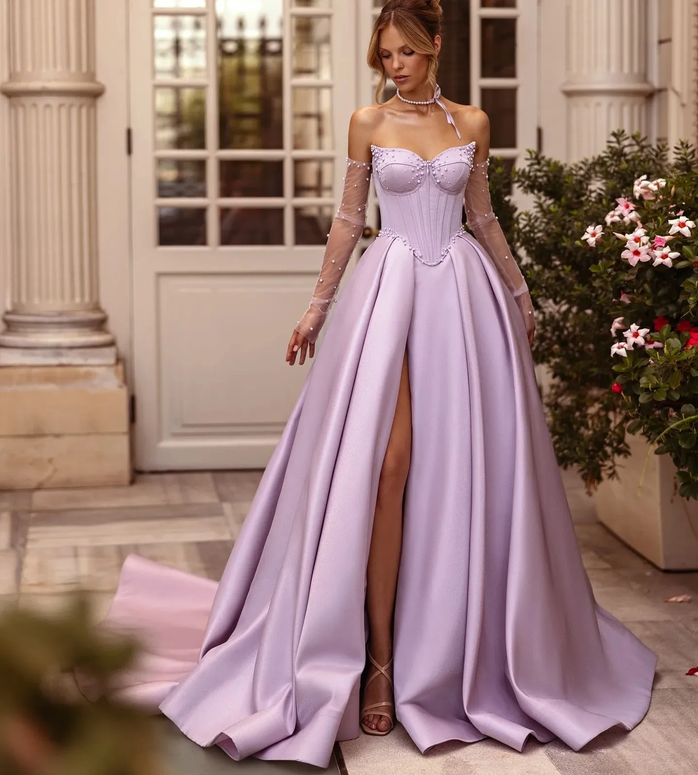 Elegante abito da sera color lavanda Sweetheart con spacco alto Perle in raso A-line Abiti lunghi da ballo formale Banchetto Robe De Soiree