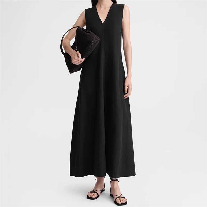 

fashion summer dresses 2024 High quality cotton linen blend sleeveless dress Minimalist style V-neck Long dresses Midi dresses