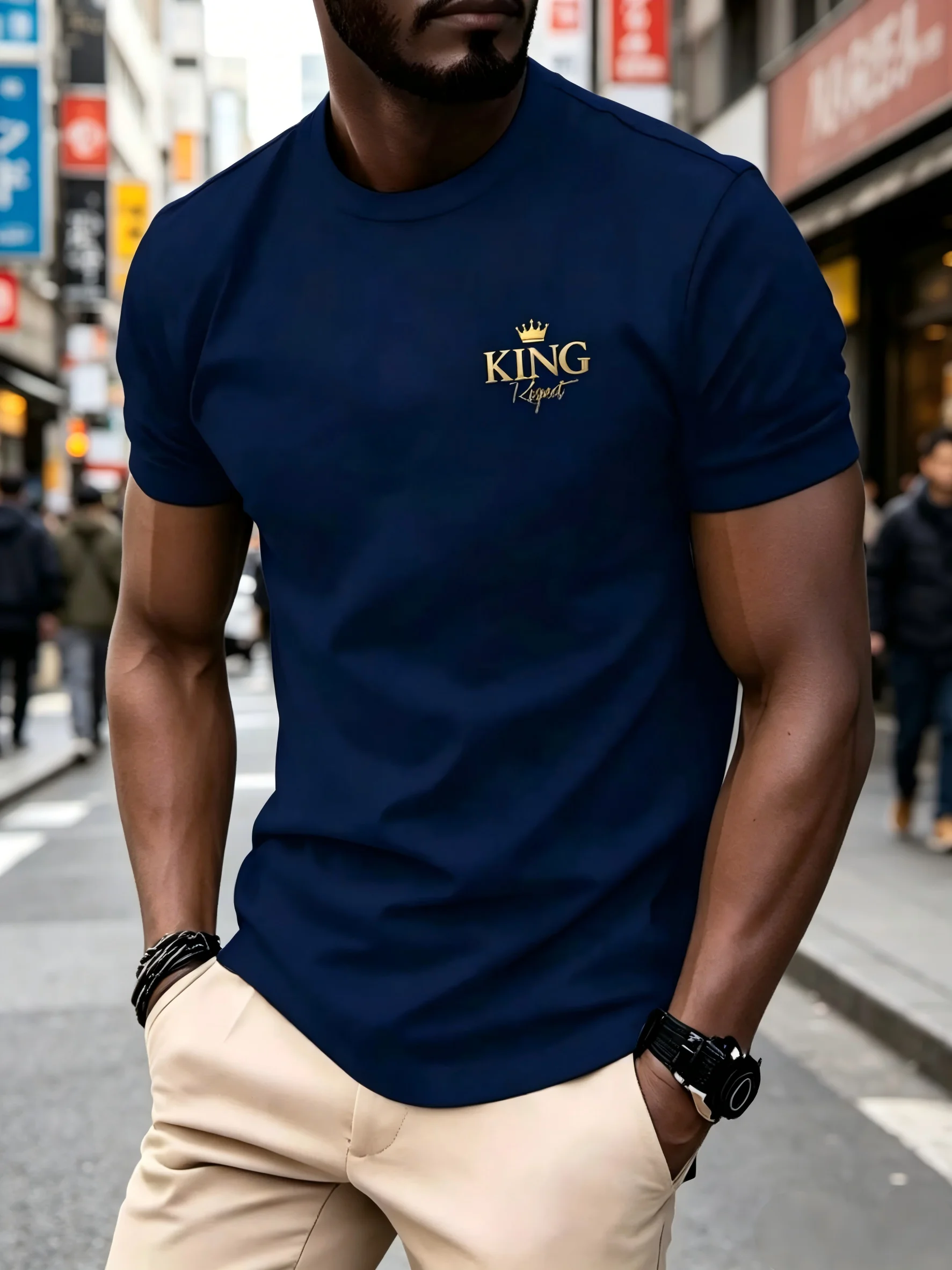 Men's Premium Crown Gold Print Quick-Dry Mesh T-Shirt, Stylish Crew Neck Short Sleeve, Summer Basic Top for Men F69