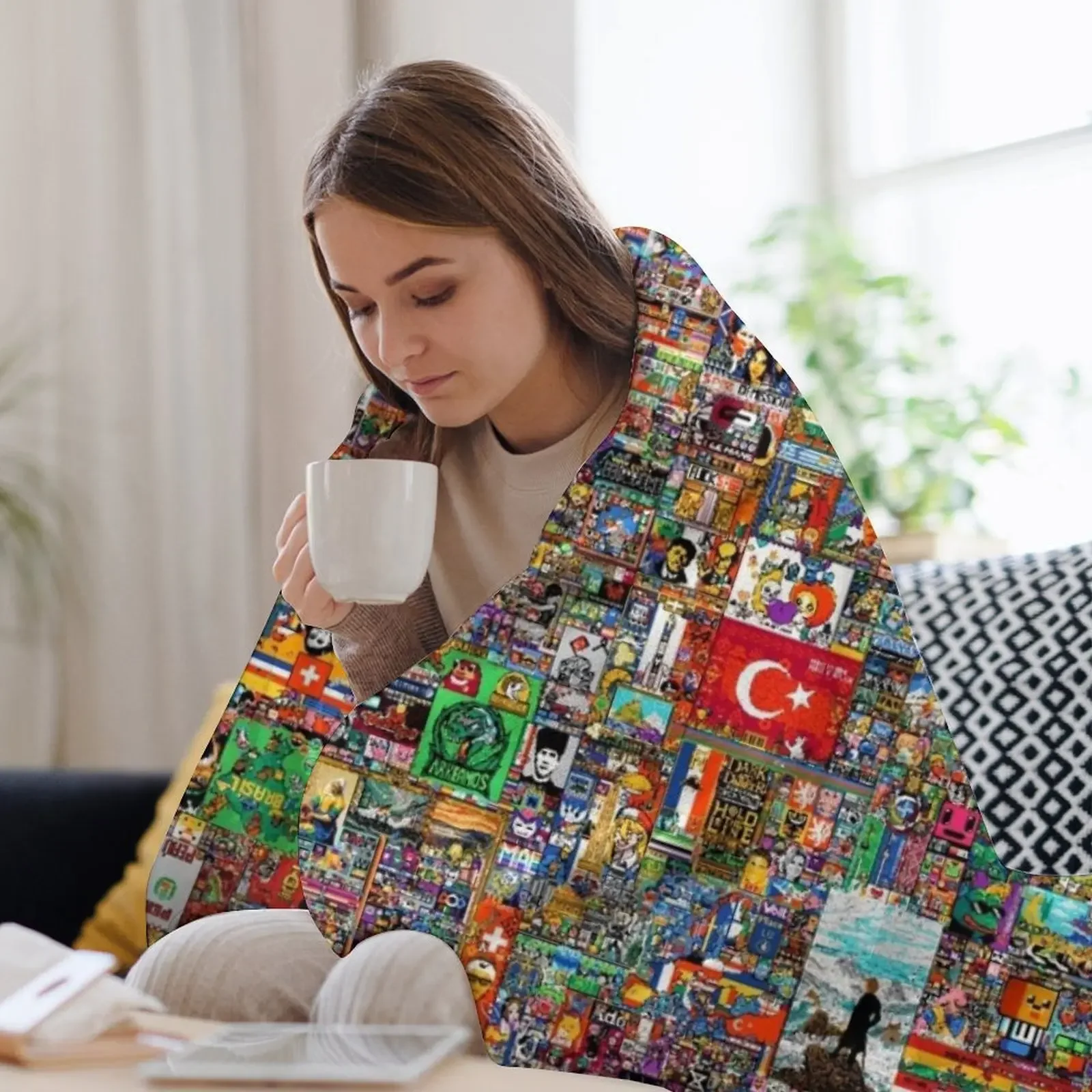 Reddit Place 2023 Merch، Reddit r/place 2023، r/place 20223، Merch، بطانية رمي الملصق، بطانيات أريكة مزخرفة بشعر المانجا