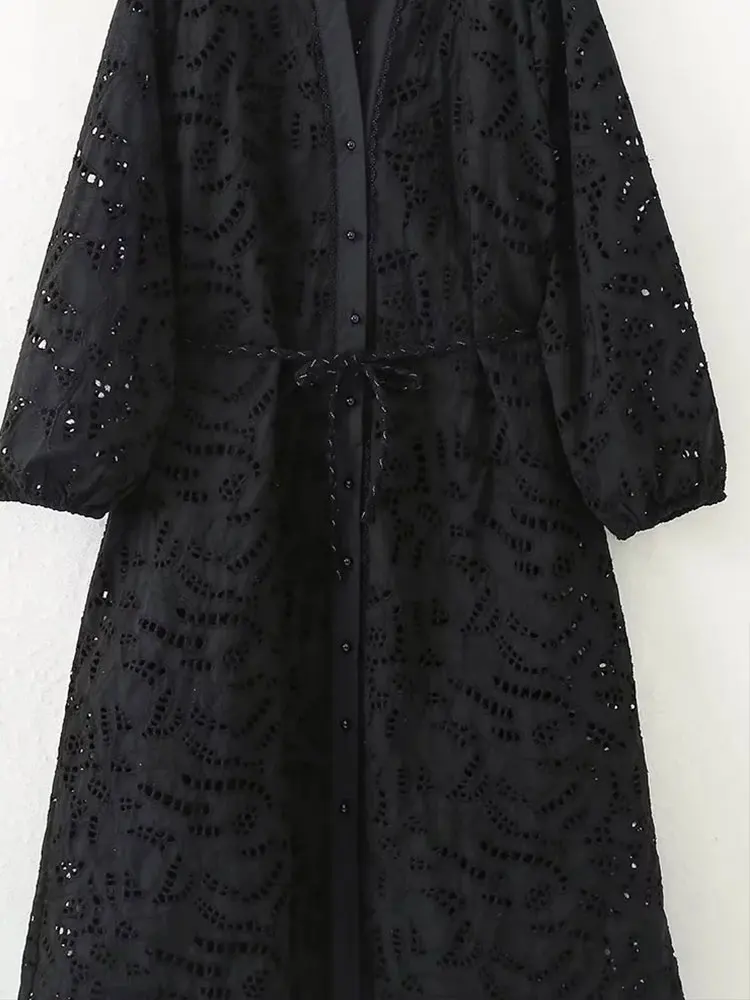 TRAF 2023 Summer Women\'s Dress New Fashion Hollow Out Embroidery Long Dresses for Women Long Sleeve Elegant Female Party Dress