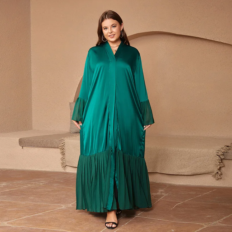 

Women Eid Muslim Abaya Morocco Arab Dubai Long Robe Modest Islam Kaftan Abayas Flare Sleeve Pleated Spliced Solid Jalabiya