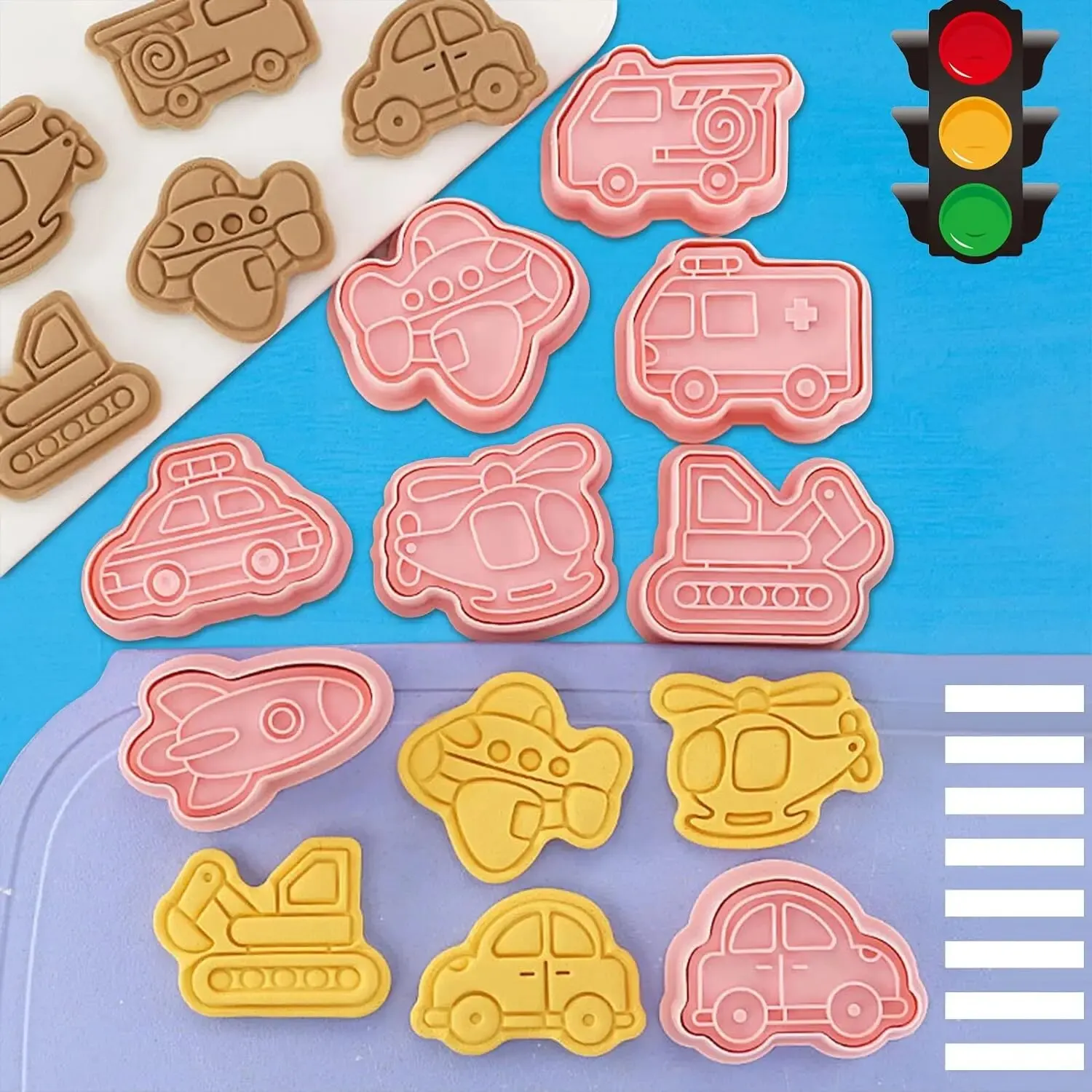 Cookie Cutters Transportation Vehicle With Plunger Stamper,8 Pieces Embossing Cutter For Fondant Biscuit Pastry Cheese Baking