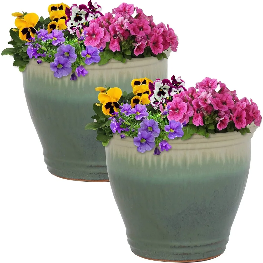 Studio Ceramic Flower Pot Planter with Drainage Holes - Set of 2 - High-Fired Glazed UV and Frost-Resistant Finish