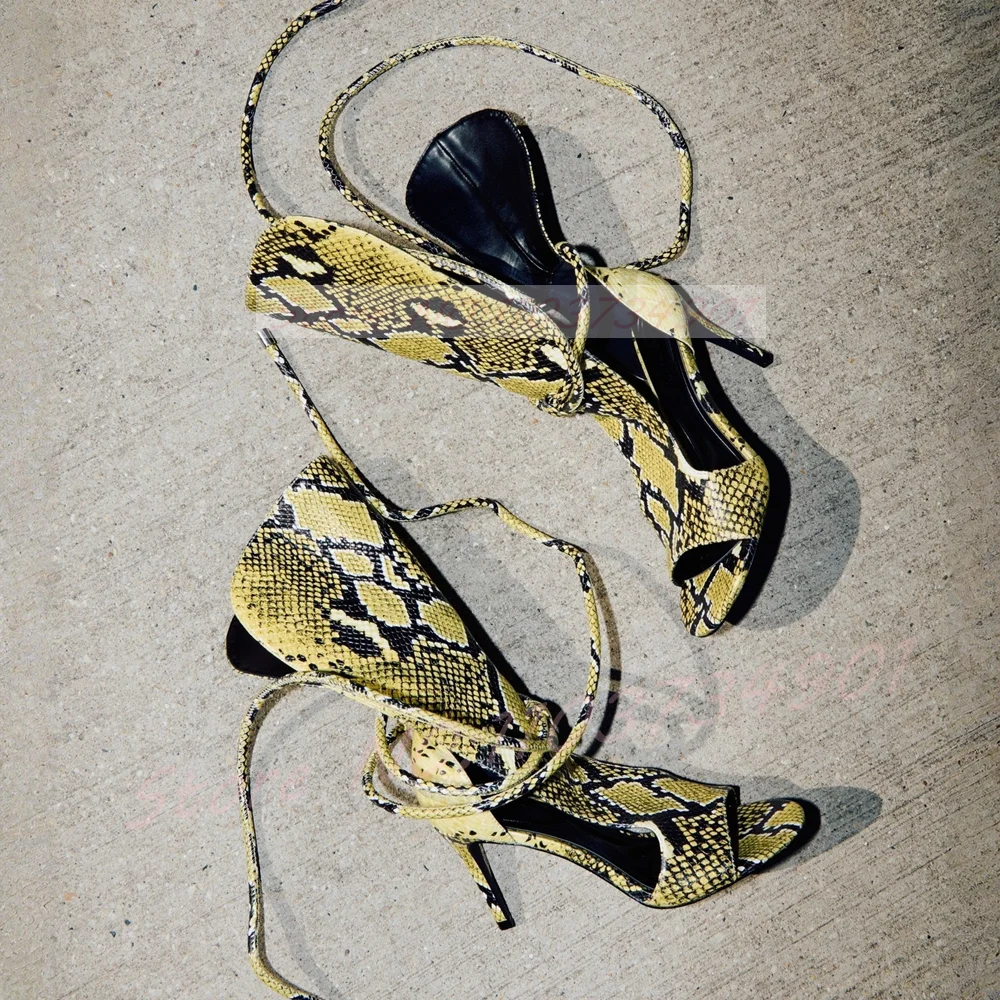Yellow Snake Pattern Sandals Women Open Toe Shoelace Warp High Heels Sandals Female Fashion Lace-Up Hollow Shoes