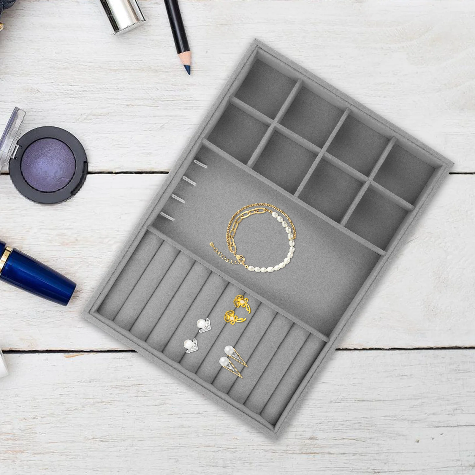 علبة تنظيم المجوهرات الرمادية ذات سعة كبيرة، صندوق عرض لتخزين الأساور على شكل حلقة خزانة الملابس #2