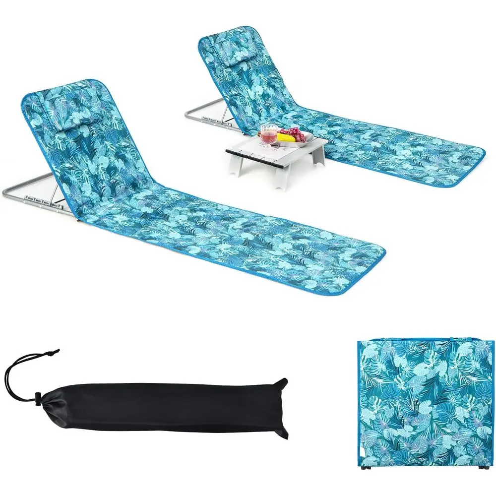 

Beach Chairs, Folding Tanning Lounge Chairs with Table Set, Adjustable Patio Floor Chair, Outdoor Sunbath Chair with Desk, Pillow & Storage Bag for Outside, Patio, Poolside (Blue Leaves)