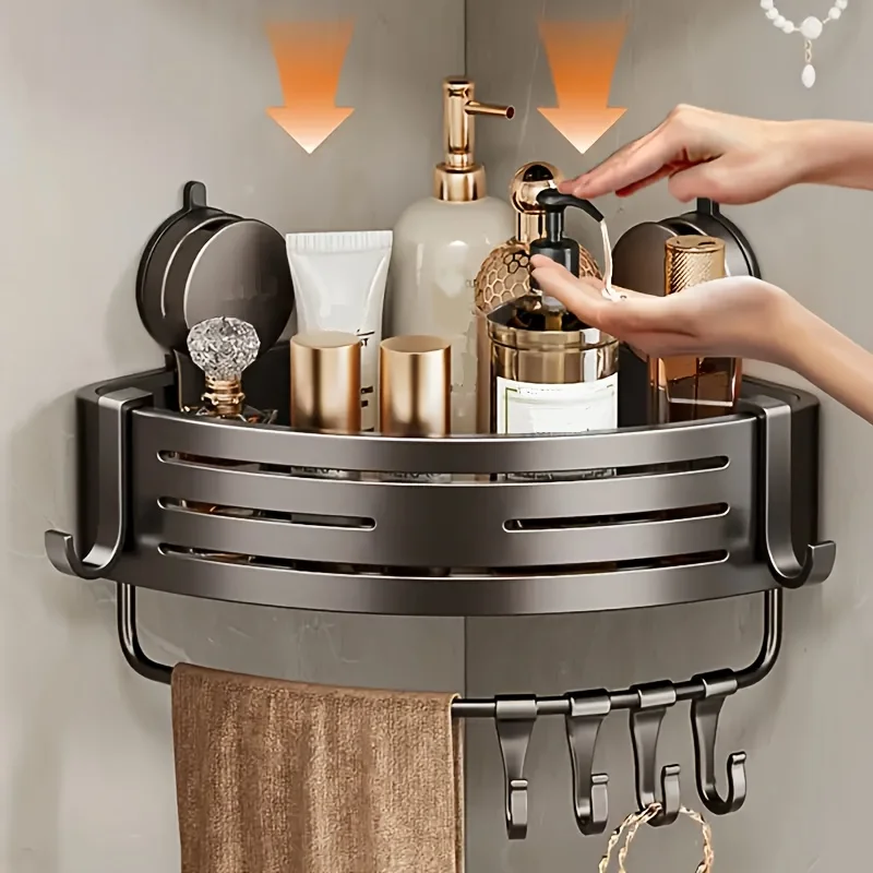 Space-Saving Suction Cup Bathroom Shelf - No Drilling Required, Strong Triangular Rack with Hooks, Suitable for Shower And Toile