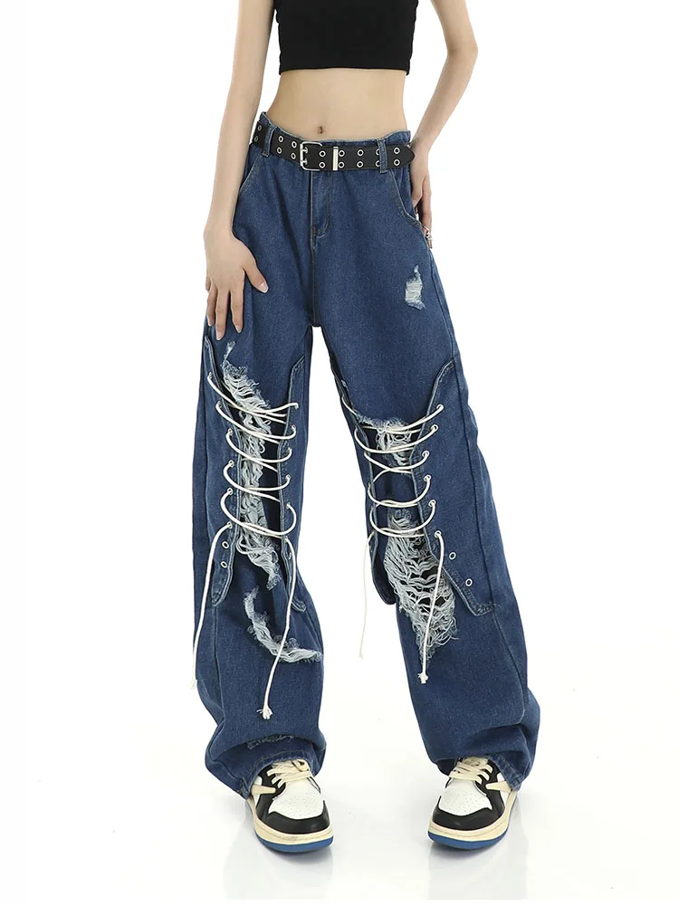 Y 2K Streetwear Rechte Broek Dames Gescheurde Baggy Jeans Hoge Taille Wijde Pijpen Broek Dames High Street Denim Broek