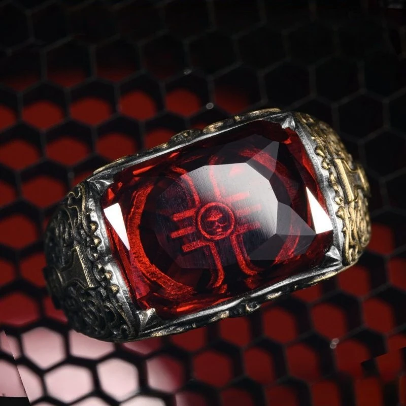 Antique Two-Tone Ornate Filigree Band Ring Square Red Gem Inlaid Retro Gothic Punk Hip Hop Men's Finger Accessory