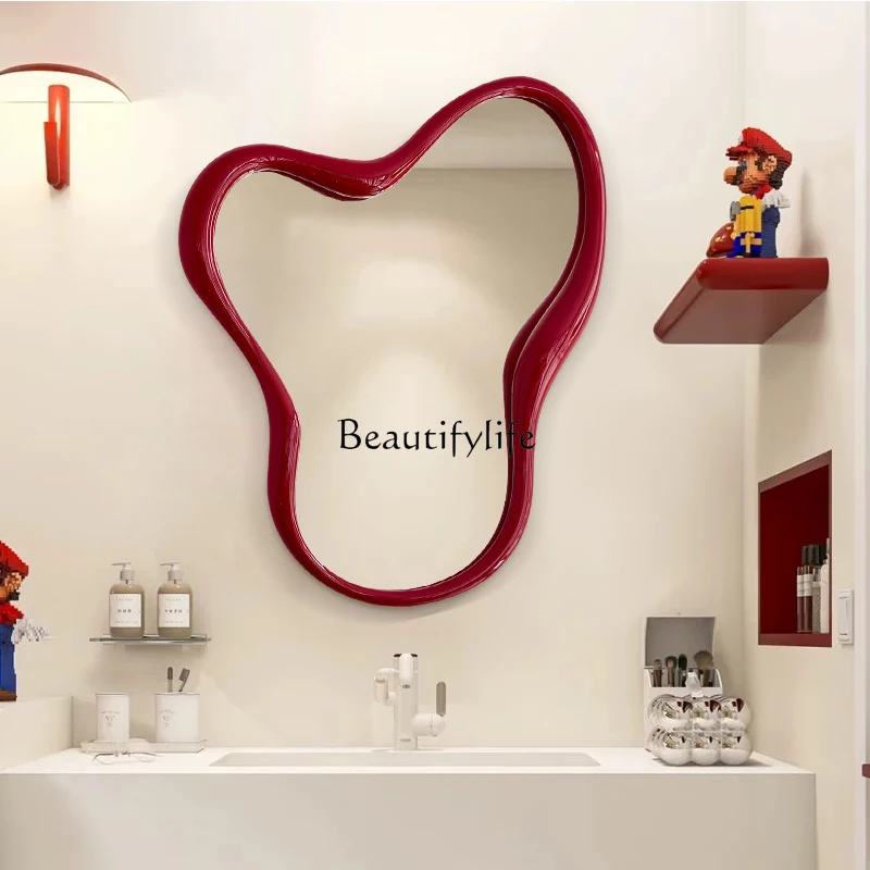 

French special-shaped red dopamine bathroom mirror irregular vanity mirror