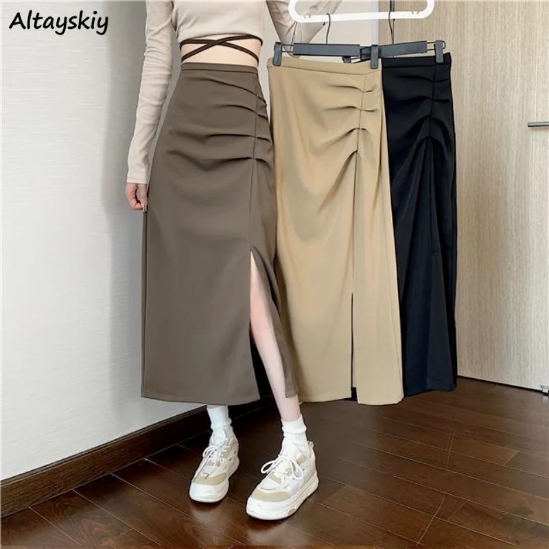 

Midi Skirts for Women Folds Solid Tender Simple Spring Korean Style Daily Ladies All-match Faldas Largas Newly Popular Classic