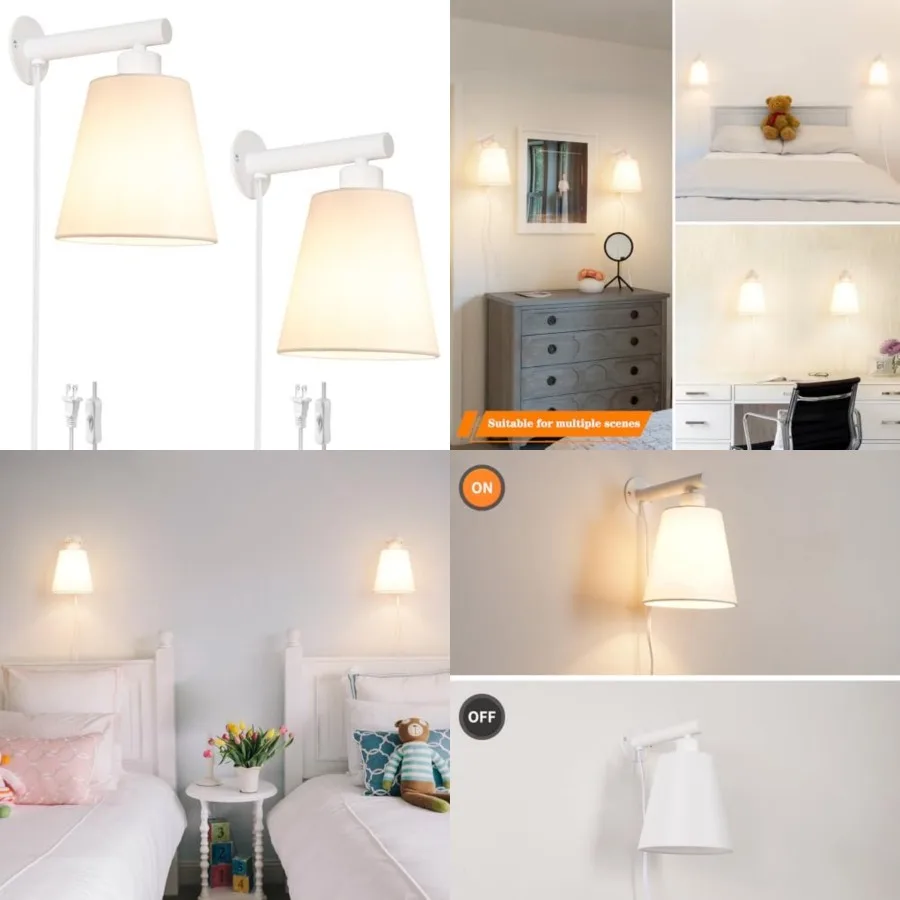 

Plug in Wall Sconces Set of Two, Wall Sconce with Cord, Bedside Wall Lamps Plug in Set of 2 with Fabric Linen Shade, Wall Decor
