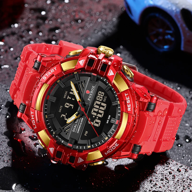 LIGE 2024 Classic Red Quartz Men Watch FOXBOX Fashion Sport Military Digital Watches for Men Waterproof Chronograph Reloj Hombre