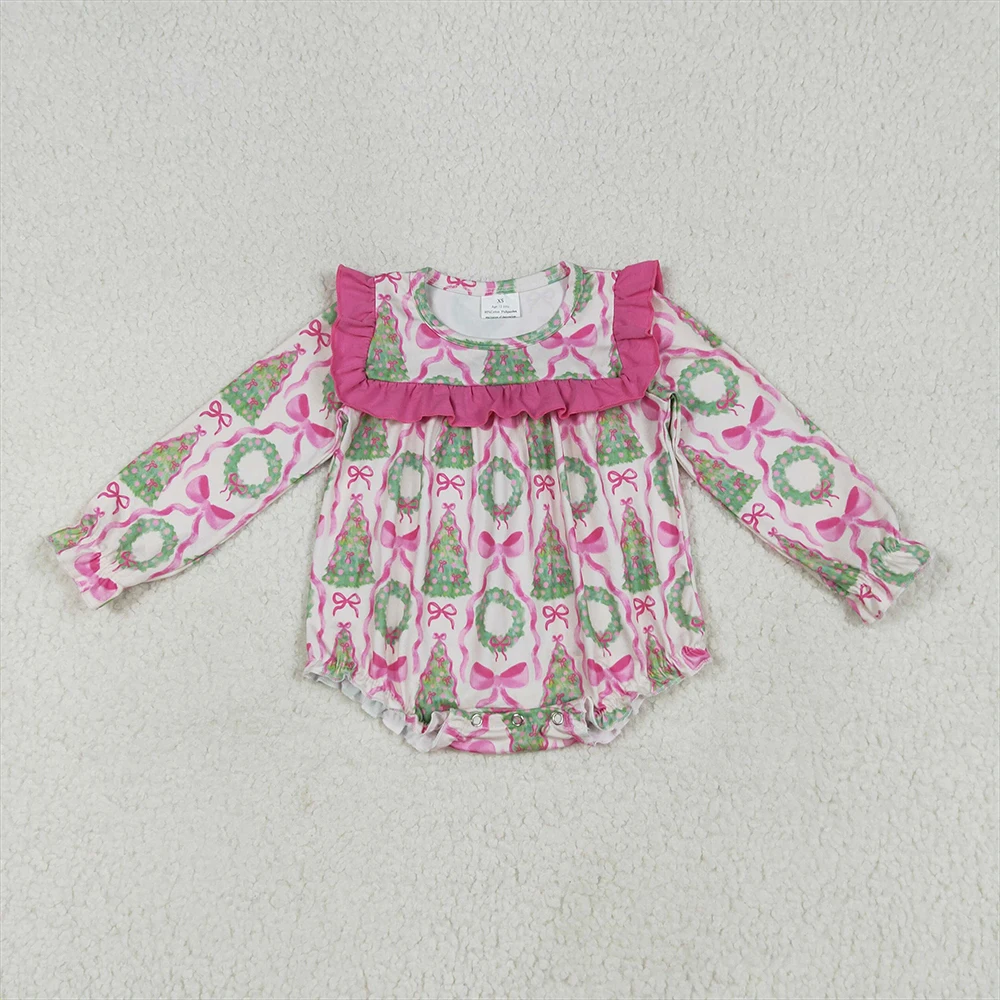 

Baby Girls Christmas Tree Print Romper Long Ruffle Sleeves Pink Bow Detail Toddler Girls Outfit for Holiday Parties