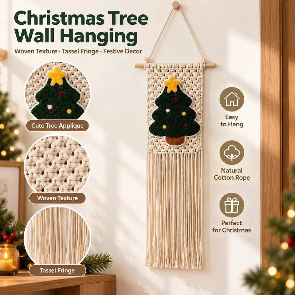 25x60cm Christmas Tree Wall Hanging Woven Texture Bohemian Style Holiday Wall Decoration Tassel Fringe Tree Applique