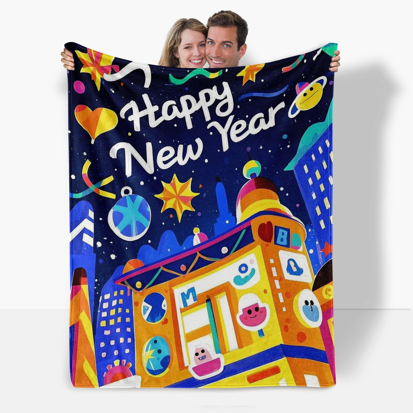 

Unique New Year Gift Cozy Flannel Blanket With Charming Cartoon Buildings And Festive Blessings