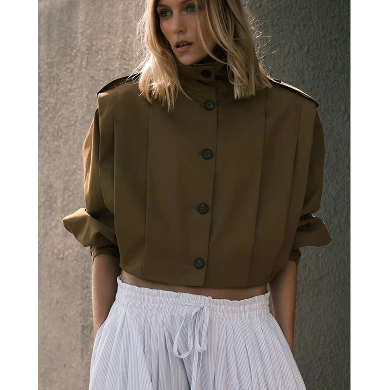 

New Summer Women's High Collar Mixed Fabric Long Sve Decorative Buttoned Jaet ZA 394545 Commute Sle Loose Fit ort Coat