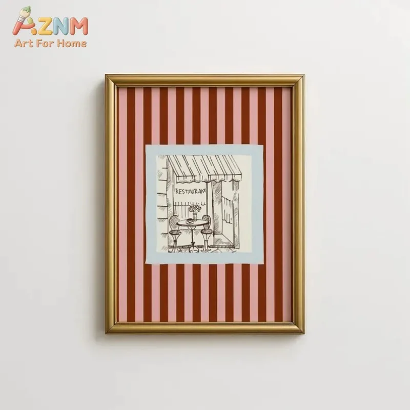 AZNM Pink Brown Vertical Stripe Canvas Wall Art Vintage Paris Restaurant Sketch Hand Drawn Print Unframed Canvas French Cafe Aes