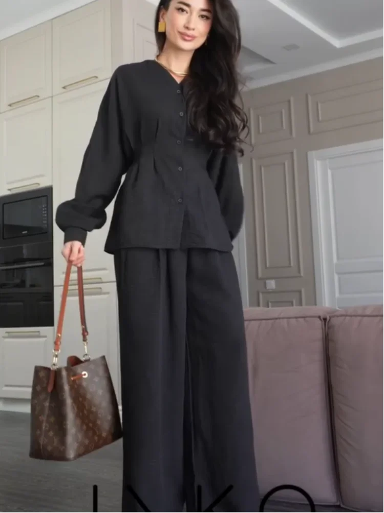 V-neck Wide-leg Pants Solid Women's Suit Full Sleeves Waist Cinching Single Breasted Loose Fit Lady Long Pant Sets Daily Outfit