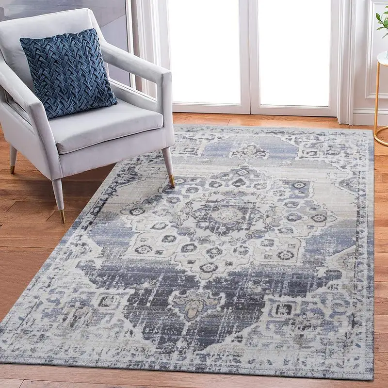

6x9 Cream Blue Medallion Area Rug for Home Décor