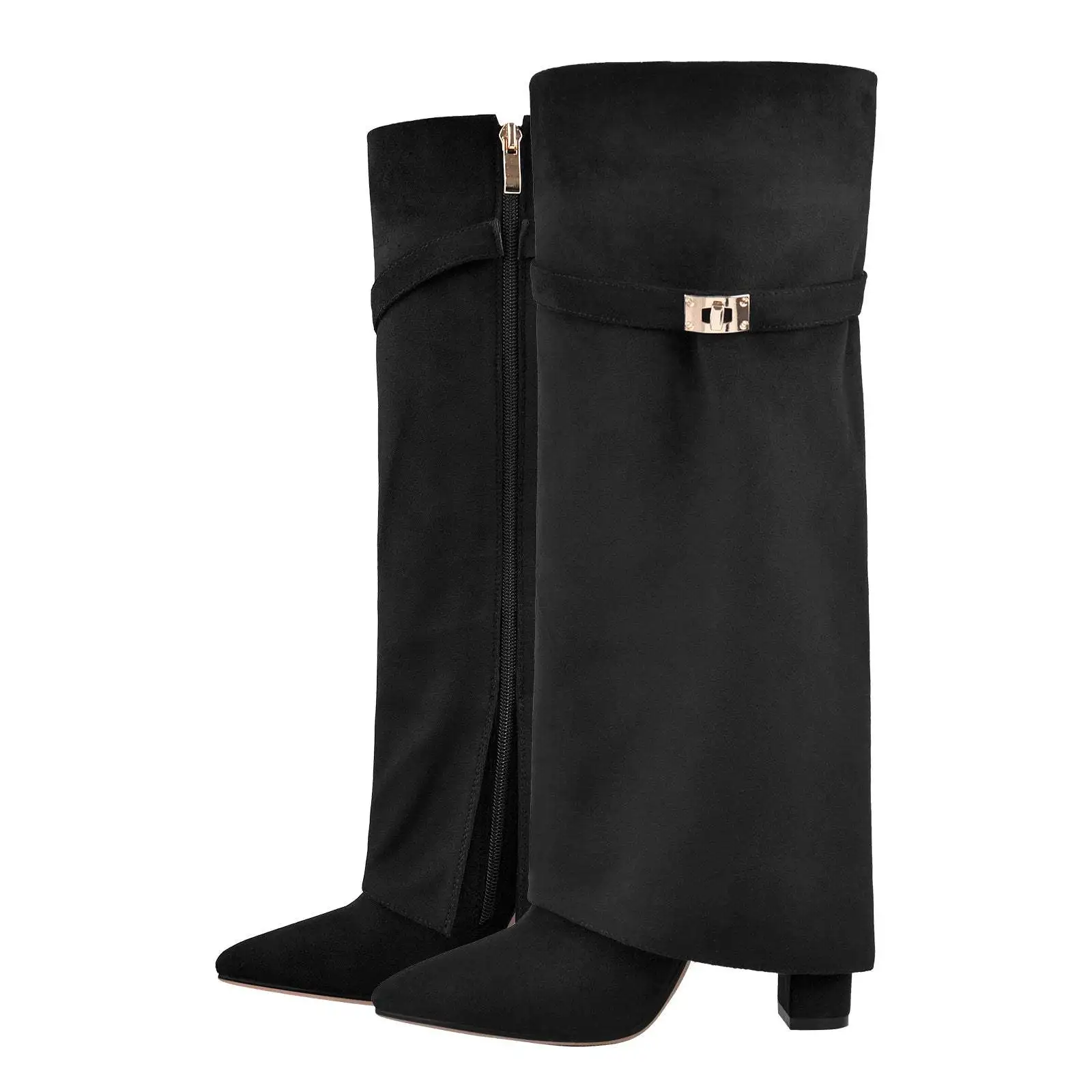 

Metal Buckles Straight Black Knee-High Boots Pointed Toe Mid-Length Boats Large Size Thick Heel Trouser Botines Women Shoes