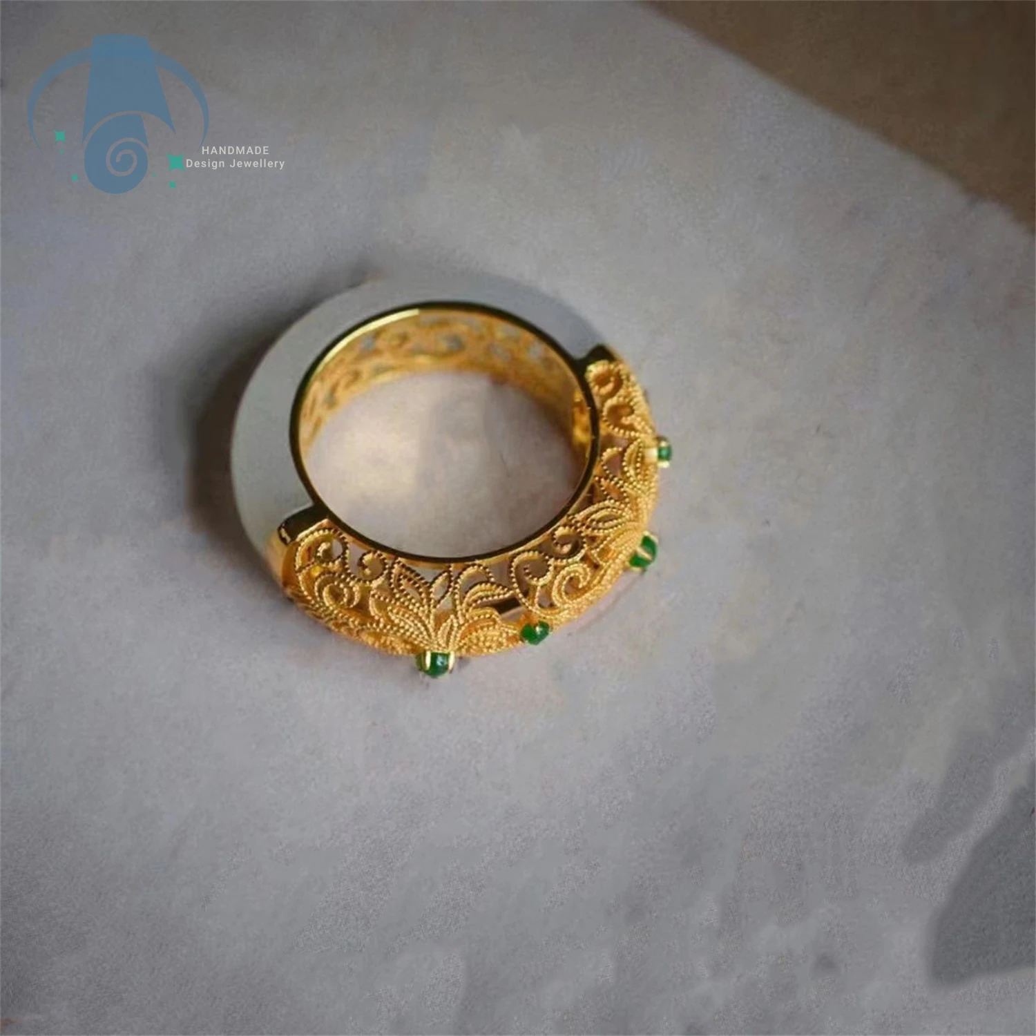 New Chinese Style Imitation White Jade Winter Pattern Hollow Out Vintage Grand Ring for Women Index Finger Elegant Classical