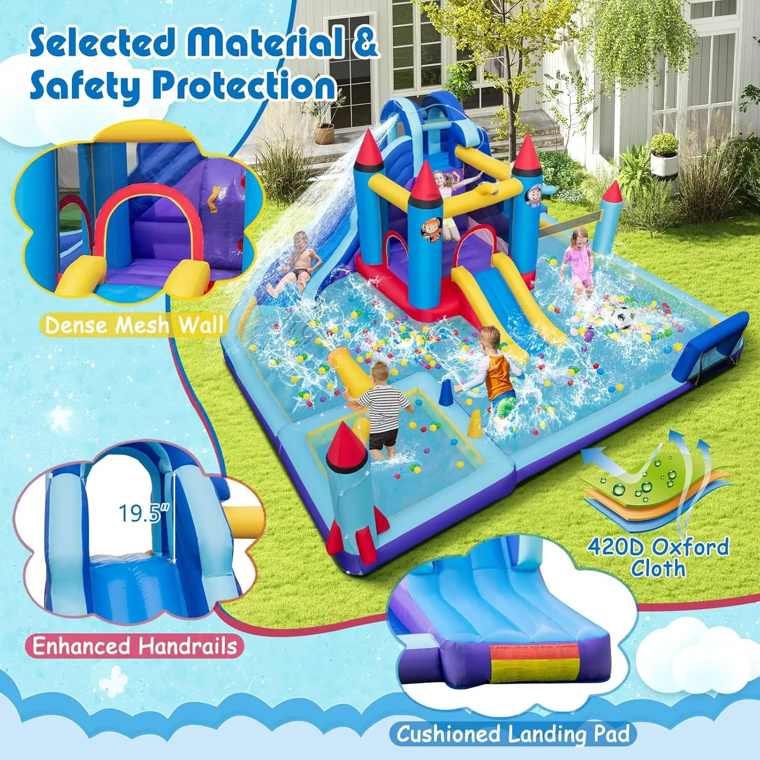 Nadmuchiwana zjeżdżalnia wodna, gigantyczny Park zjeżdżalni z Bounce House z podwójnymi zjeżdżalniami, basenem pluskowym, bramką do siatkówki i piłki nożnej, wysadzoną wodą