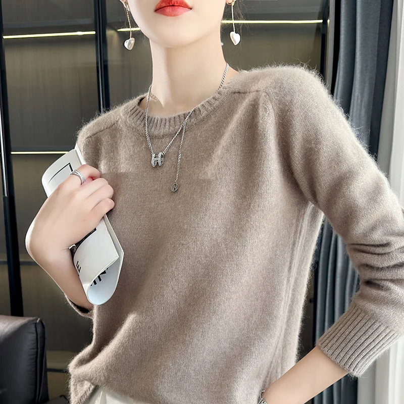 Women's Sweater Autumn/Winter New 100% Cashmere Pullover Casual Solid Color Knitwear Round Neck Blouse Loose and Thickened Tops