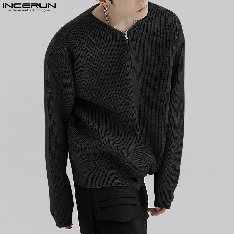 INCERUN-suéter informal de estilo coreano para hombre, Tops sencillos, a la moda, para fiesta, color sólido, con media cremallera, S-5XL