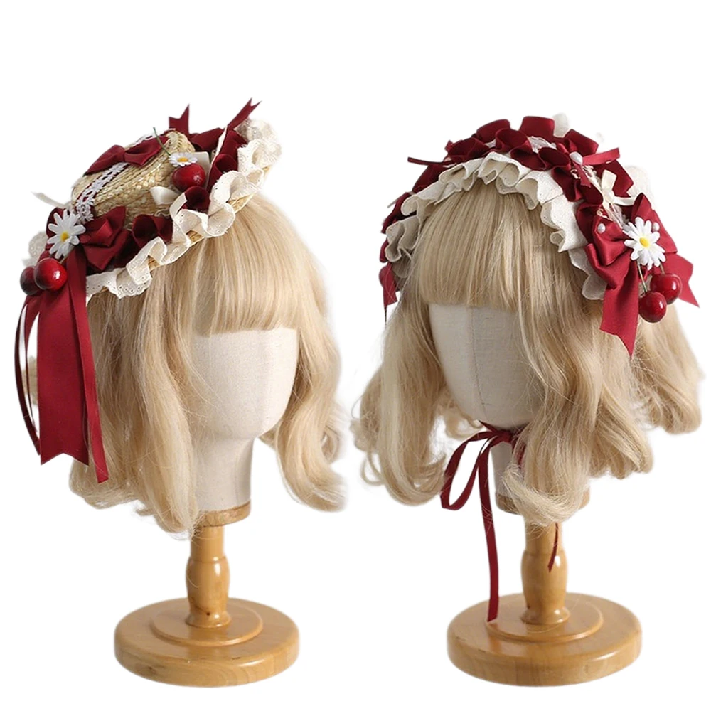 Lolita Sweet Ruffled Lace Bows Ribbons Straw Hats Girls Cute Cherry Hair Accessories Women Victorian Tea Party Elegant Headbands