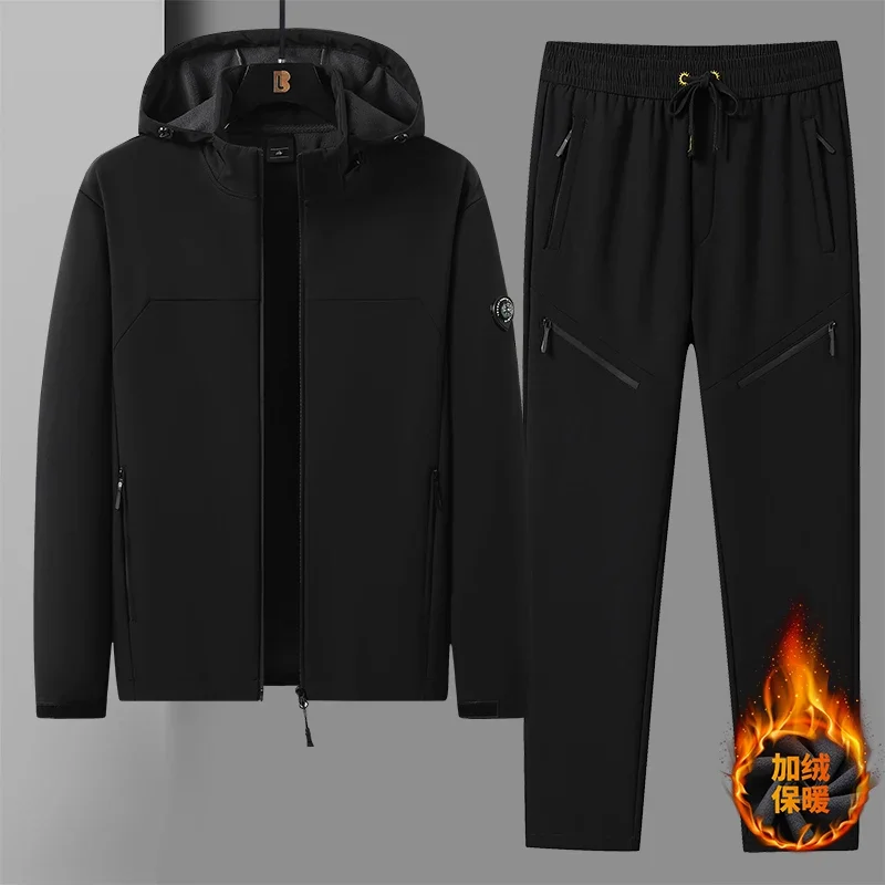 5XL 6XL Softshell Jacket Pants 2 Pieces Set Tracksuits Waterproof Thick Fleece Lined Hooded Long Hoodie Suit Menswear Sportswear
