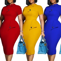 Ladies Choir Dresses 2024 for Church Summer Vintage Elegant Modest Mandarin-Collar Button Pocket Office Bodycon Midi Dress