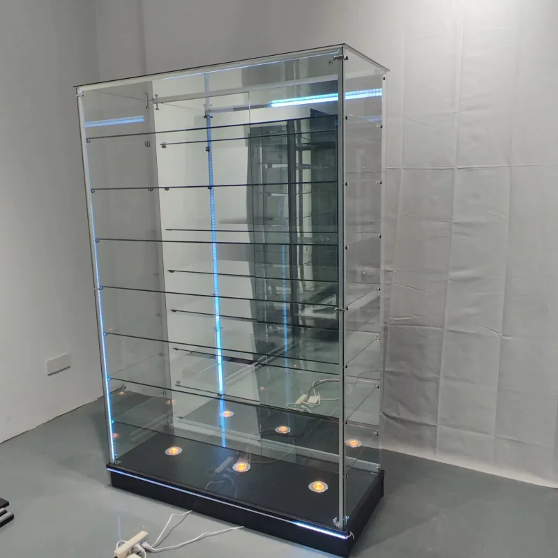 custom.Retail Store Frameless Full Tempered Glass Display Cabinet with Colourful LED Light