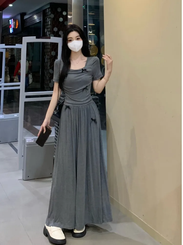 

Новое летнее женское платье больших размеров с квадратным вырезом, коротким рукавом, завязками на талии и эффектом утяжки, скрывающее живот, длинное