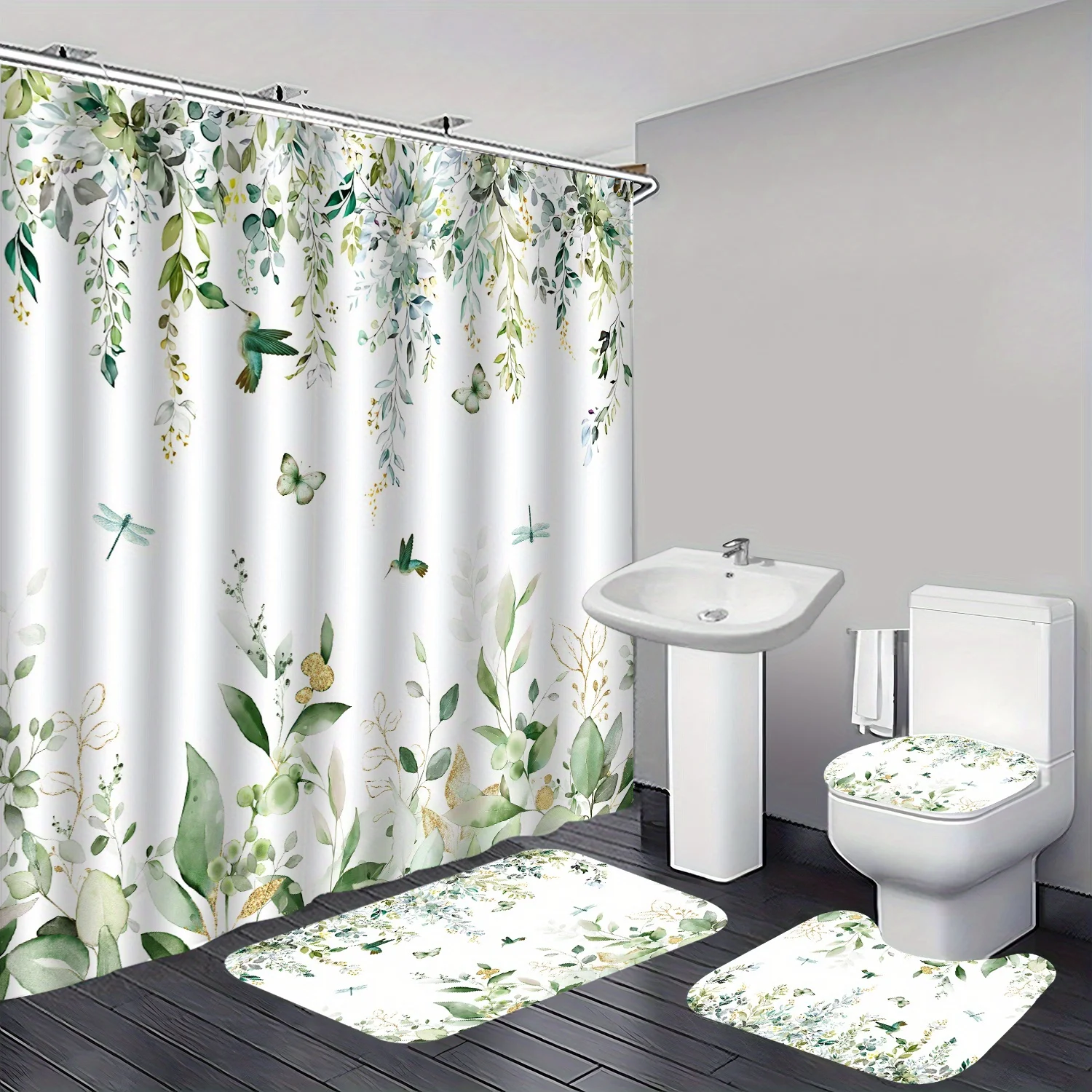 

Набор для ванной комнаты из 4-х предметов, занавеска для душа с эвкалиптом и колибри, белая зелень с цветочным принтом