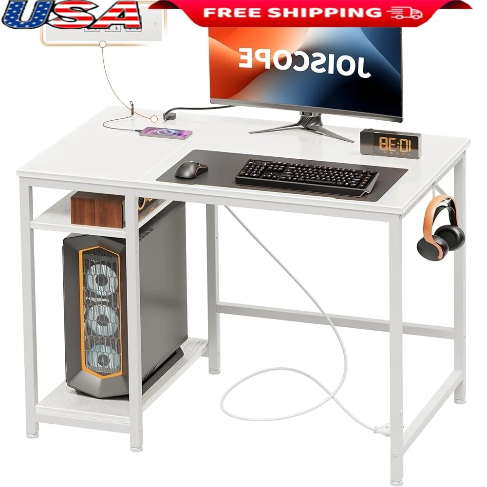 

Computer Desk with USB Type-C Outlet 2-Tier Storage Shelves Adjustable Foot Modern Gaming Workstation Scratch Resistant Heavy