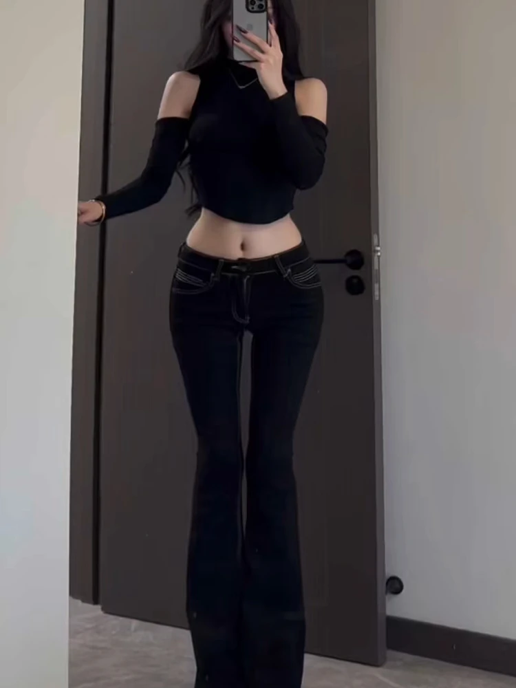 

Low Waist Flared Jeans Women's Slim Fit Elastic Waist Casual Cotton Stretch Denim Pants High Waist Long Trousers Faionable