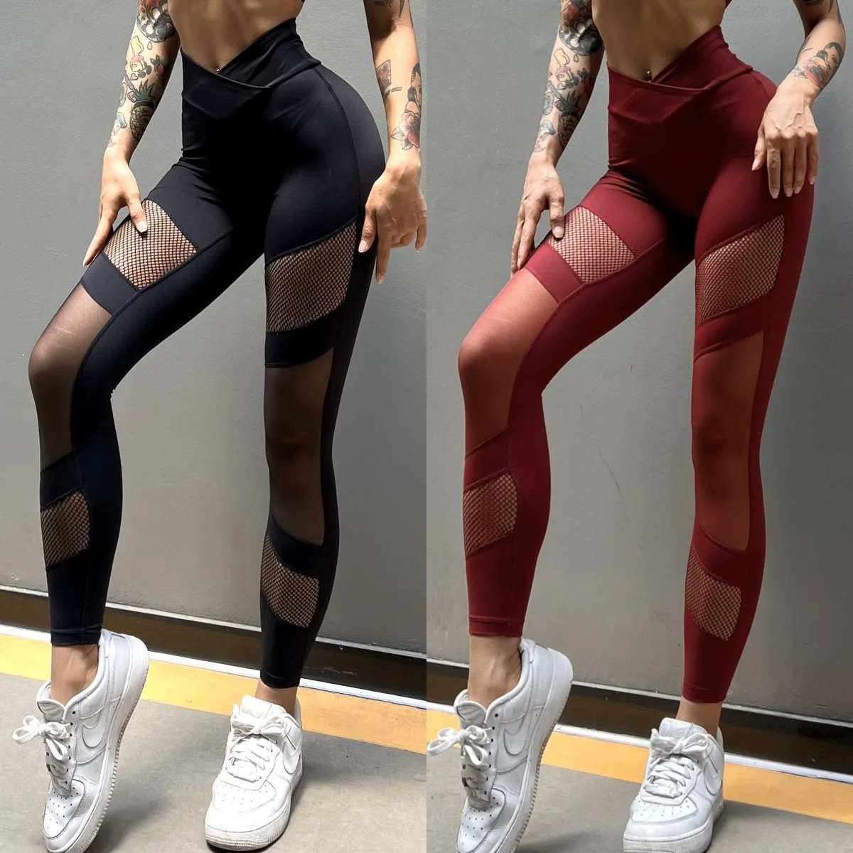 Mesh fishing net splicing fitness yoga tight pants sexy high elastic high waist seamless hip lifting breathable