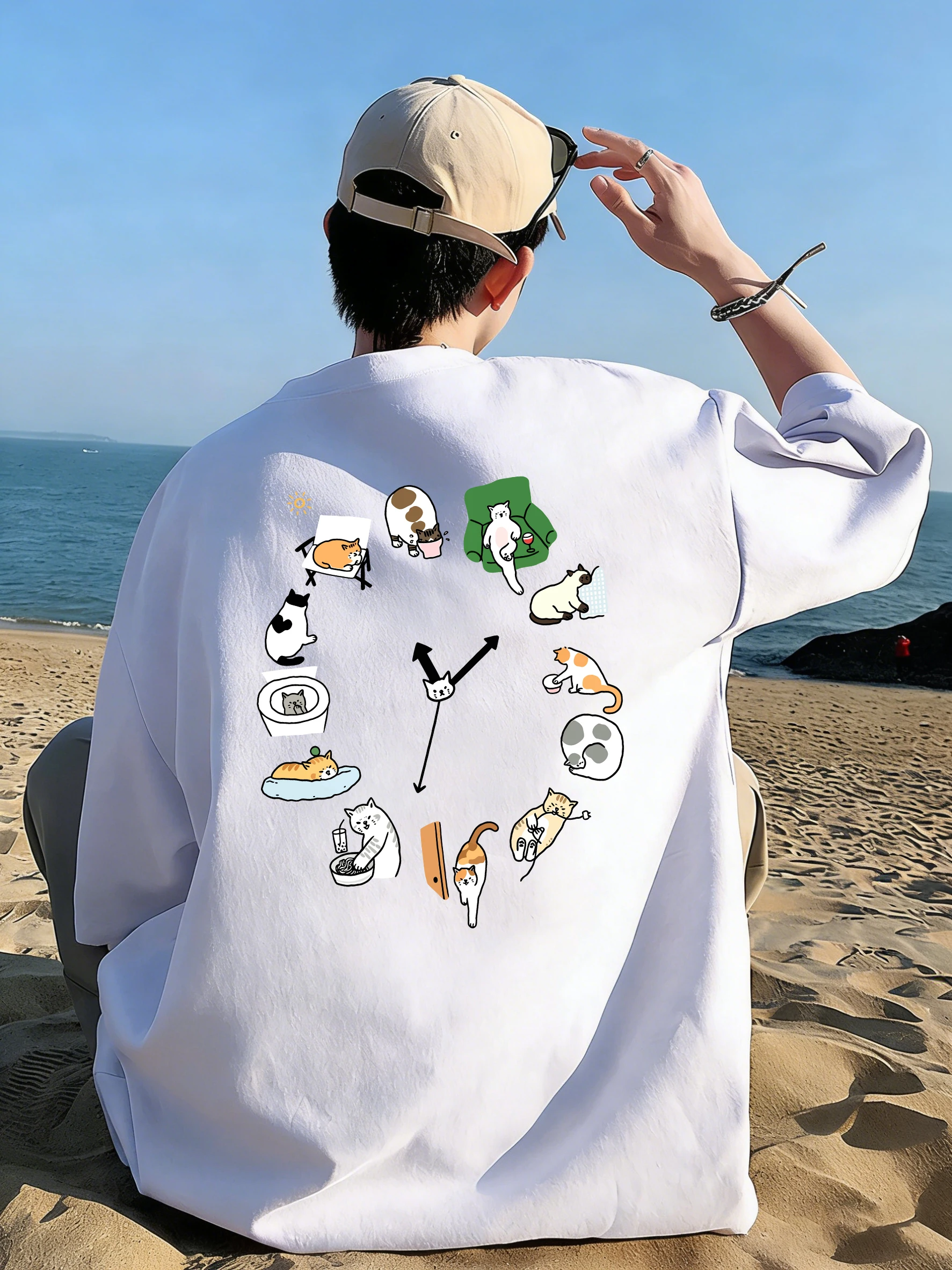 Cute Cat Alarm Clock Print Cotton T-Shirts Mens Summer Comfortable Soft T Shirt Oversized O-Neck Short Sleeve Tops Basic Clothes